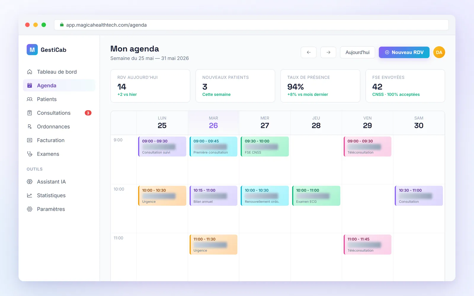 Interface GestiCab : agenda multi-praticiens, statistiques temps réel, FSE CNSS