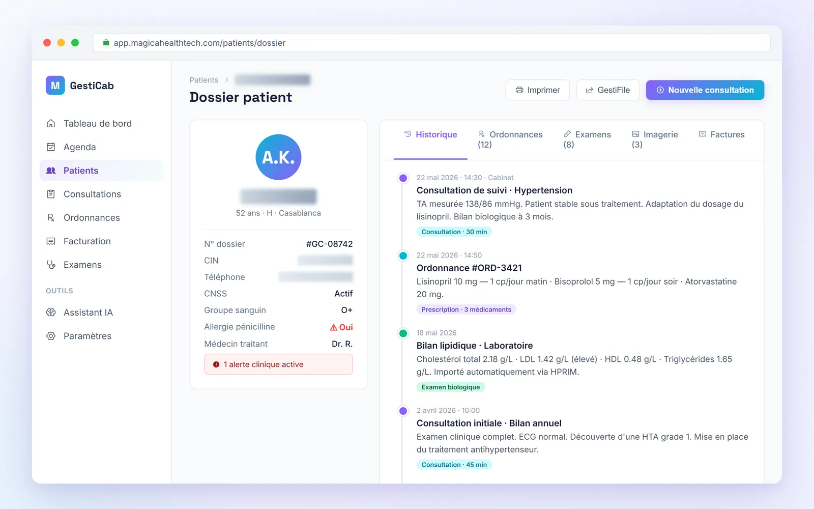 Dossier patient GestiCab : historique, ordonnances, examens, imagerie