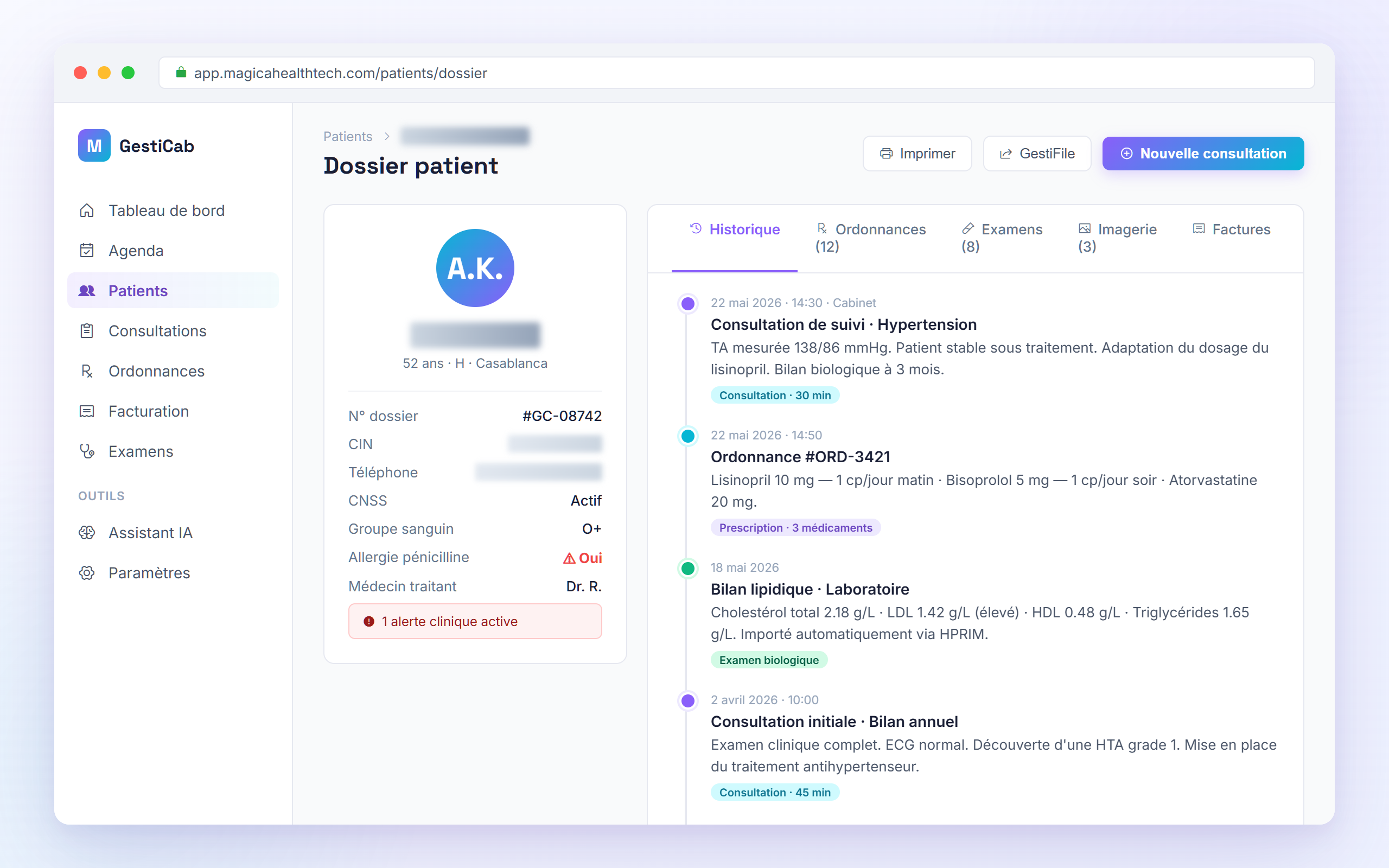 Dossier patient GestiCab — historique, ordonnances, examens, imagerie