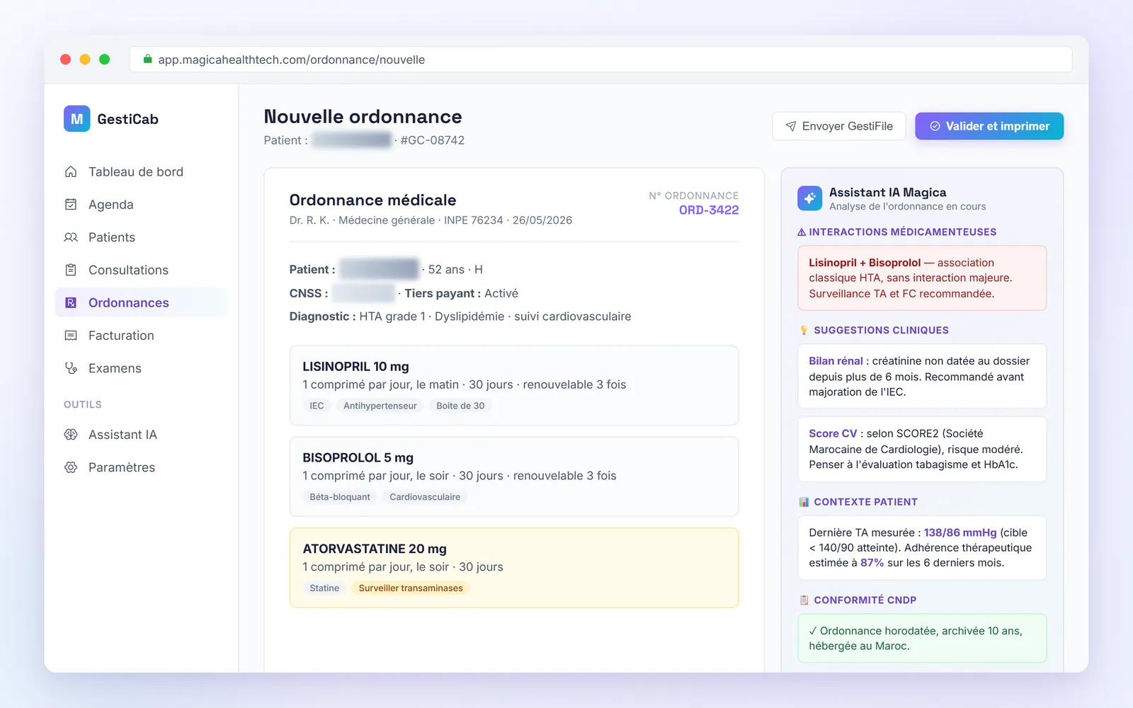 Ordonnance assistée par IA dans GestiCab : interactions médicamenteuses, suggestions cliniques